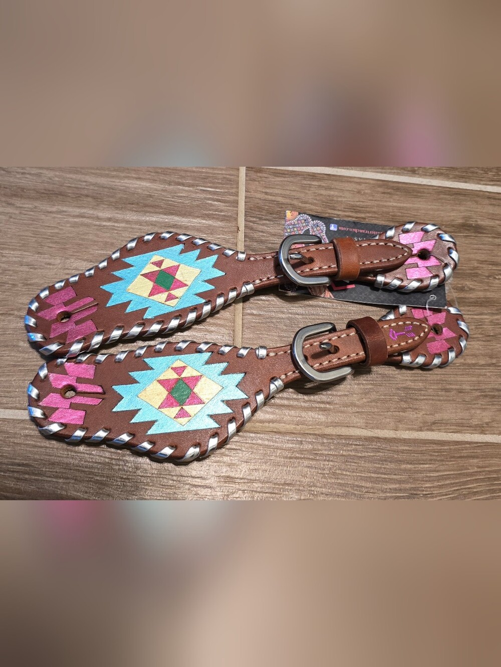 Kids Brown Leather Western Spur Straps with Turquoise & Pink Aztec Design